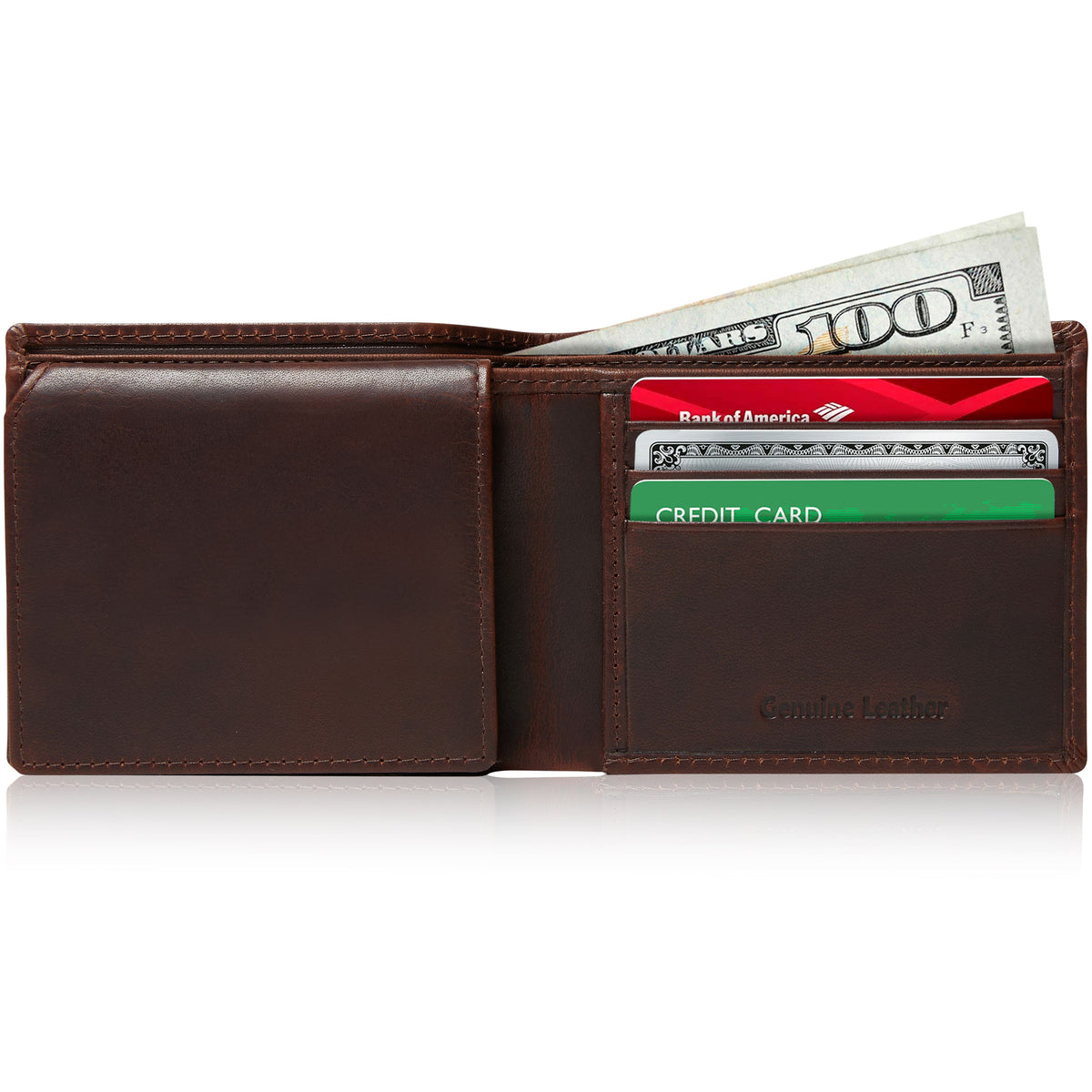 Genuine Leather Bifold Wallet – Flip-Up ID Window, RFID Blocking