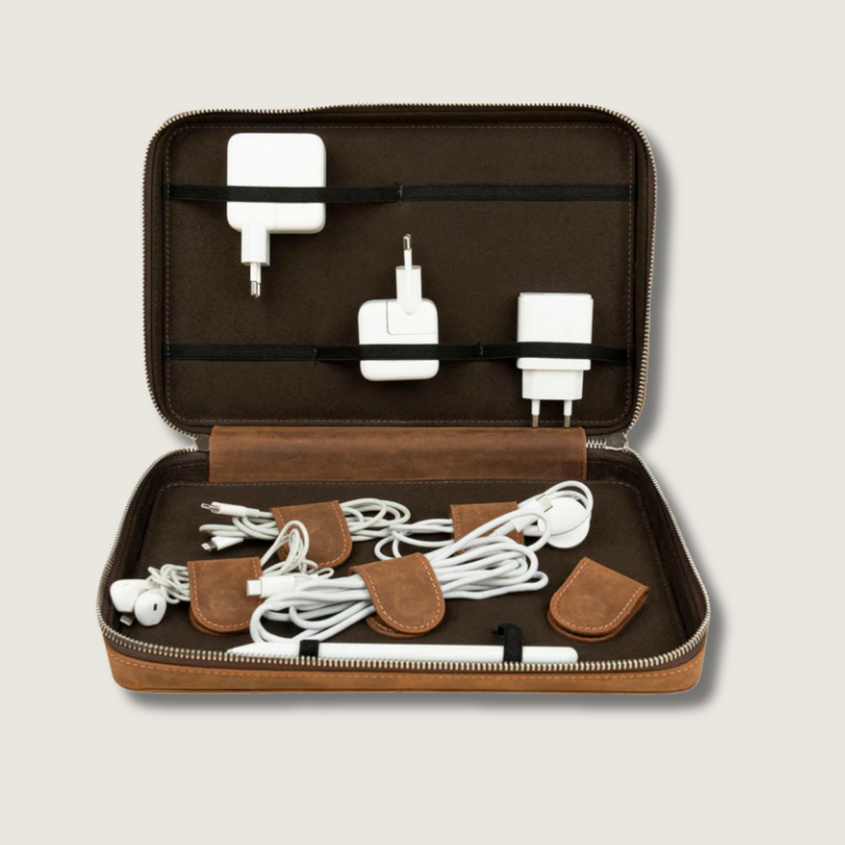 Leather Tech Organizer Case - Dark Brown - Mobile