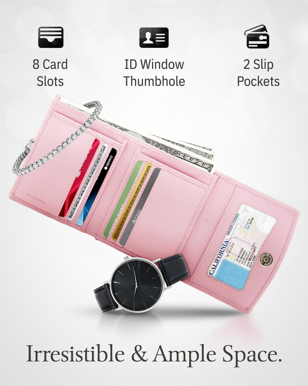 Genuine Leather Trifold Coin Wallet – ID Window, Snap Coin Pocket, RFID Blocking