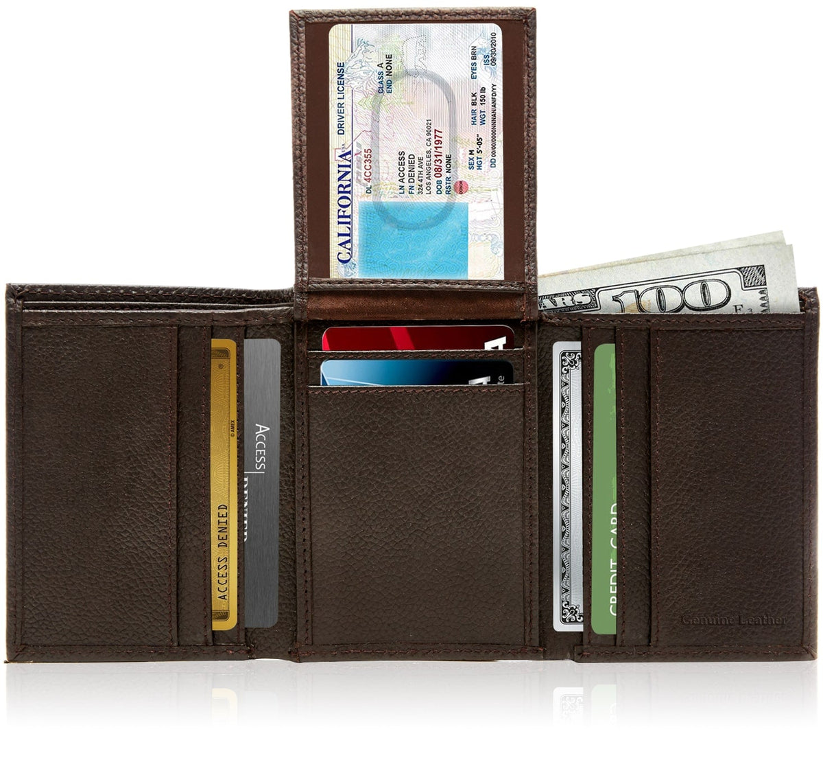 Genuine Leather Trifold Wallet – Flip-Up Dual ID Windows, RFID Blocking