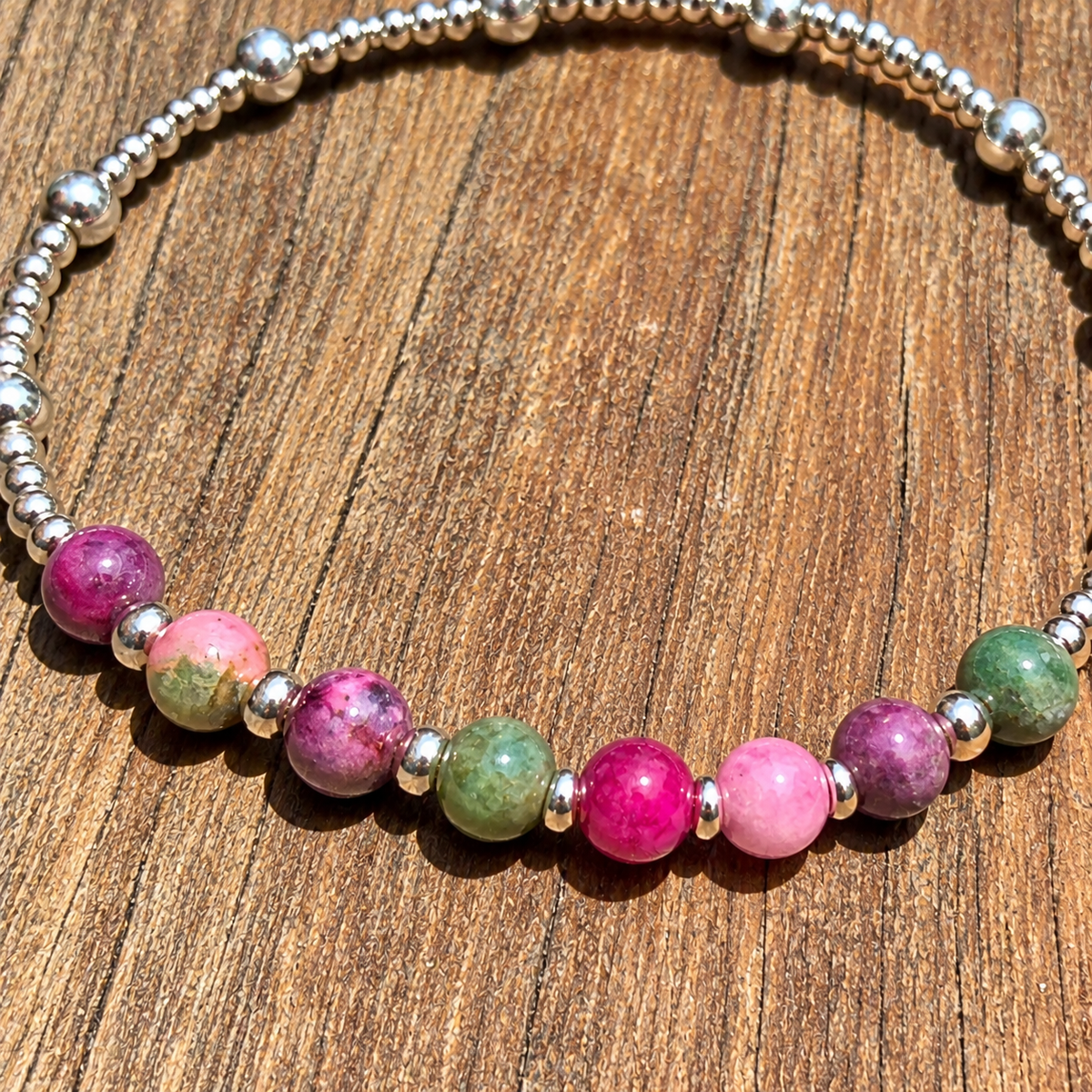 Casual Sterling Silver Bracelet with Pink & Green Persian Stones