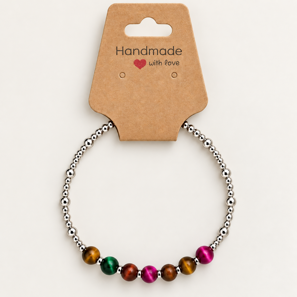 Sterling Silver & Colorful Tiger Eye Beaded Bracelet