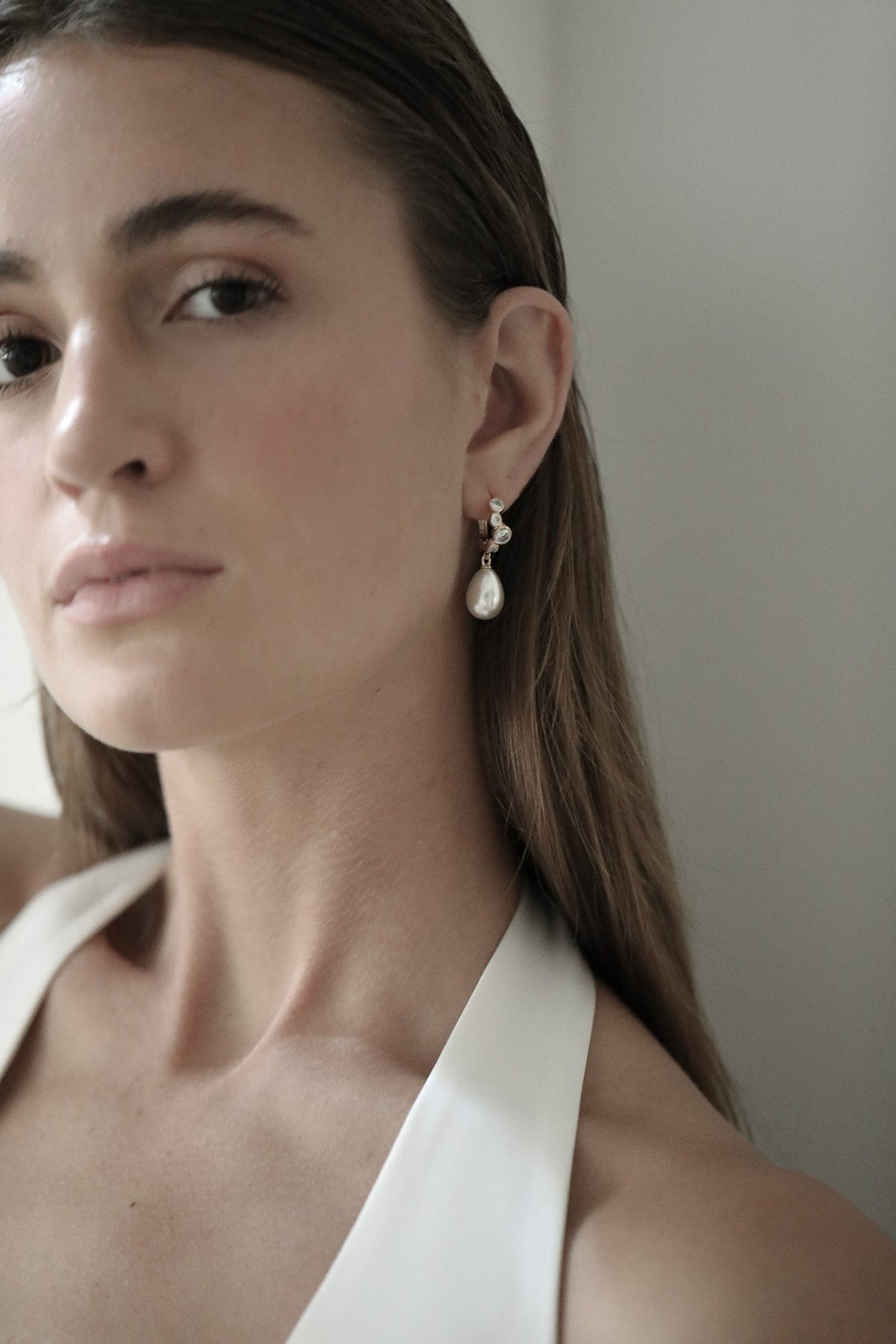 Stacked Bezel Pearl Hoop Drop Earrings