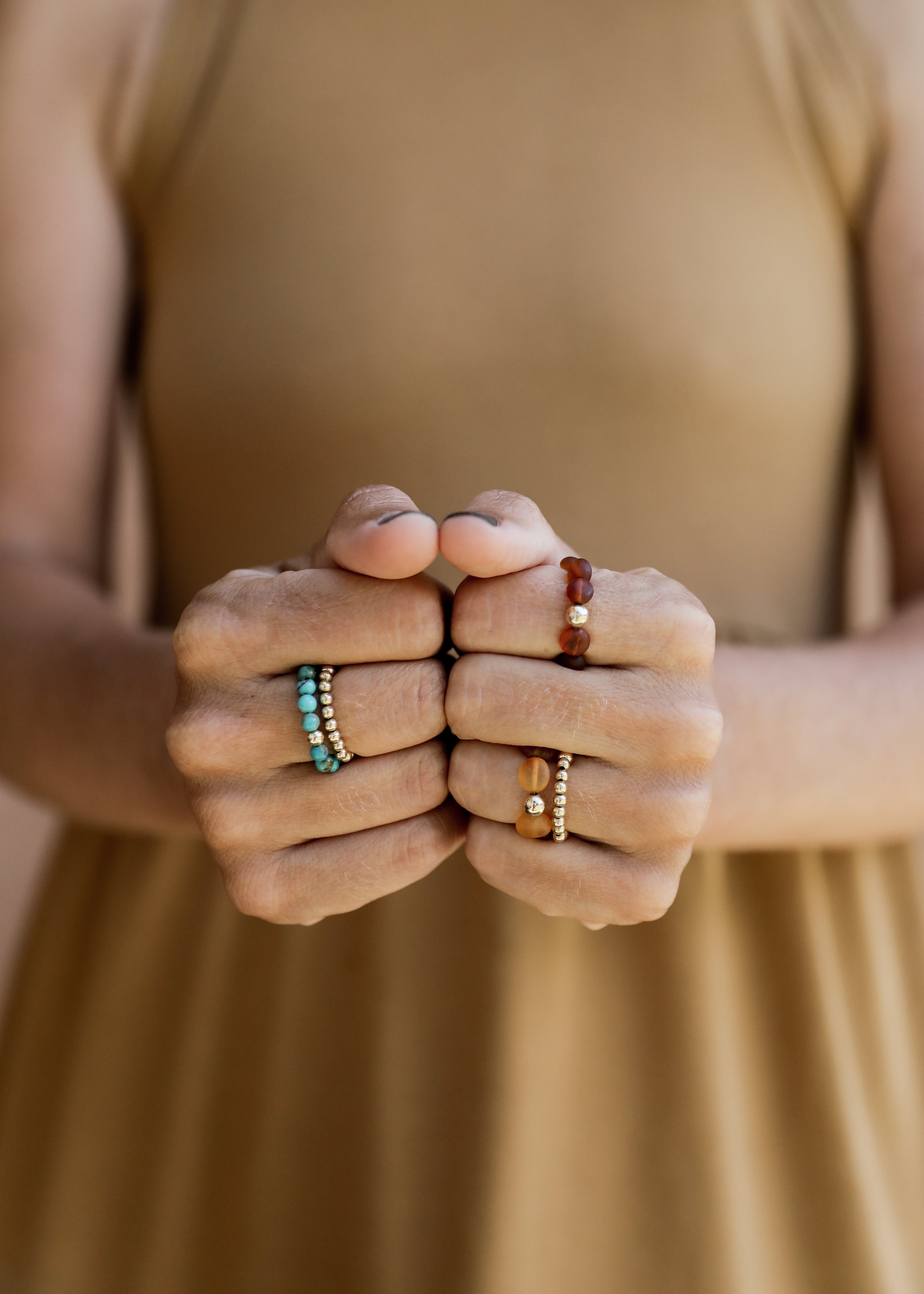Natural Turquoise + 14k Gold Filled + Honey Amber || Ring Set Trio ||