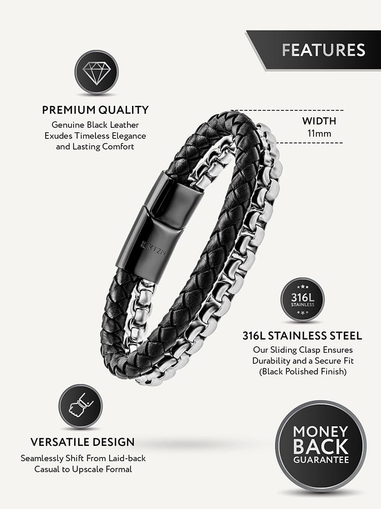 Black Leather &amp; Silver Box Chain Bracelet