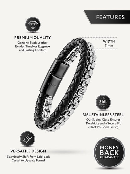 Black Leather &amp; Silver Box Chain Bracelet