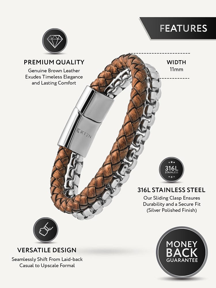 Brown Leather &amp; Silver Box Chain Bracelet