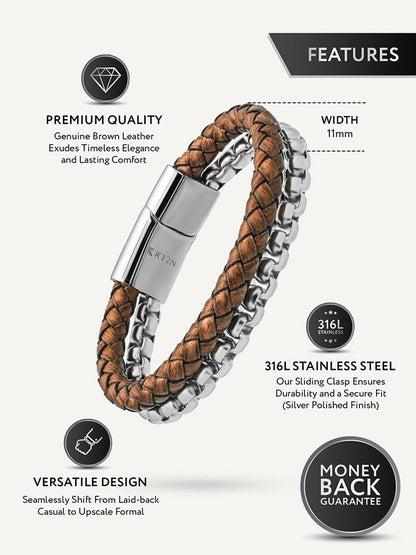 Brown Leather &amp; Silver Box Chain Bracelet