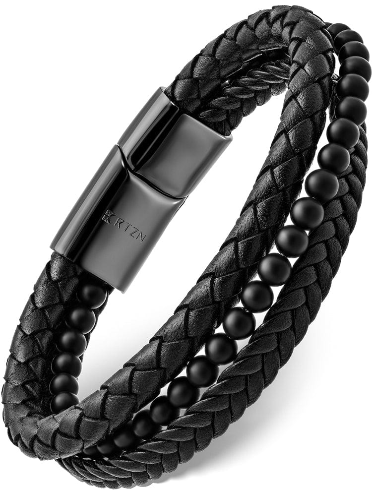 Stacked Black Leather &amp; Black Onyx Bead Bracelet