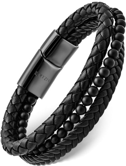 Stacked Black Leather &amp; Black Onyx Bead Bracelet