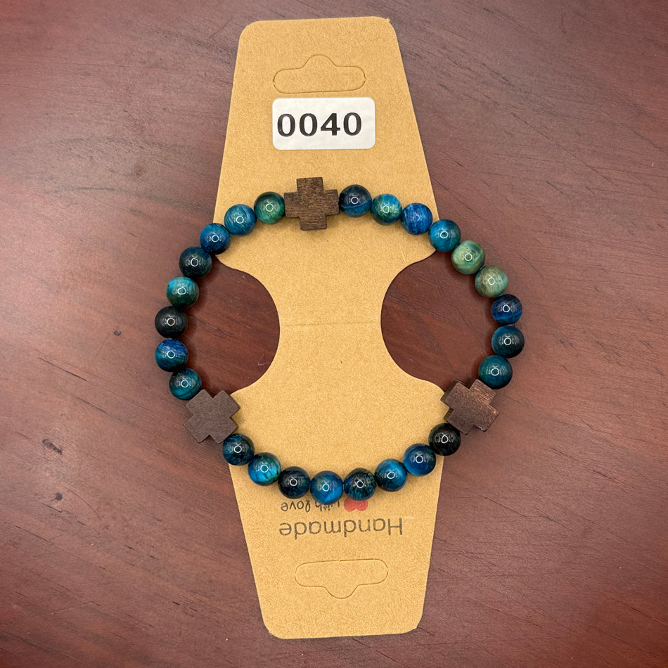 Blue Tiger Eye &amp; Wooden Cross Bracelet