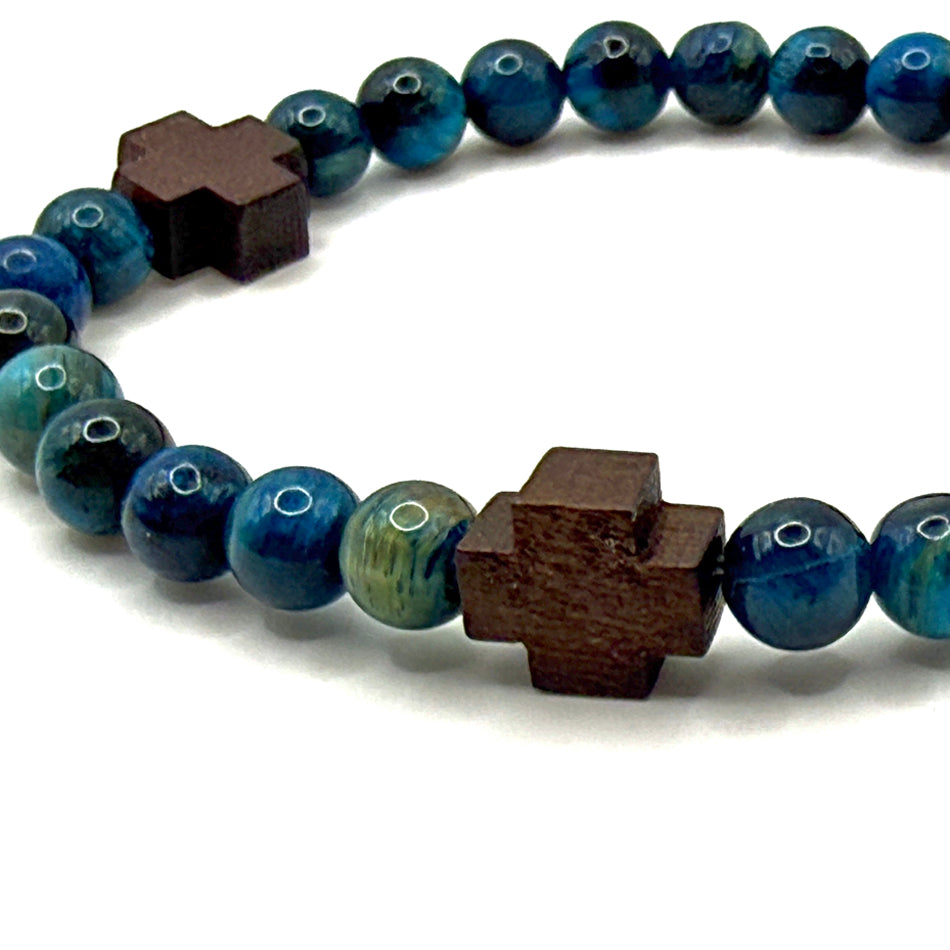 Blue Tiger Eye &amp; Wooden Cross Bracelet