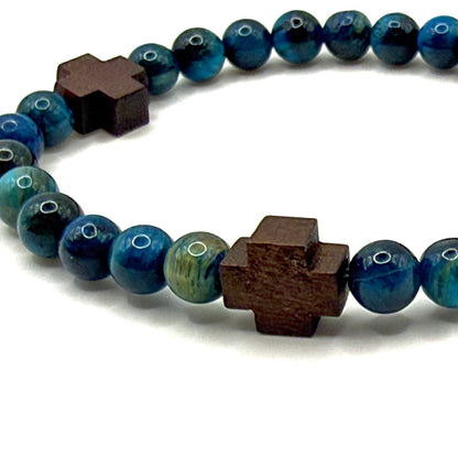 Blue Tiger Eye &amp; Wooden Cross Bracelet