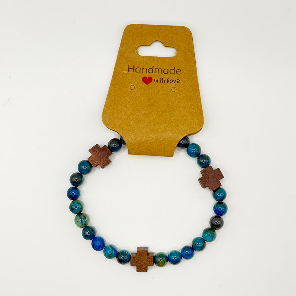 Blue Tiger Eye &amp; Wooden Cross Bracelet