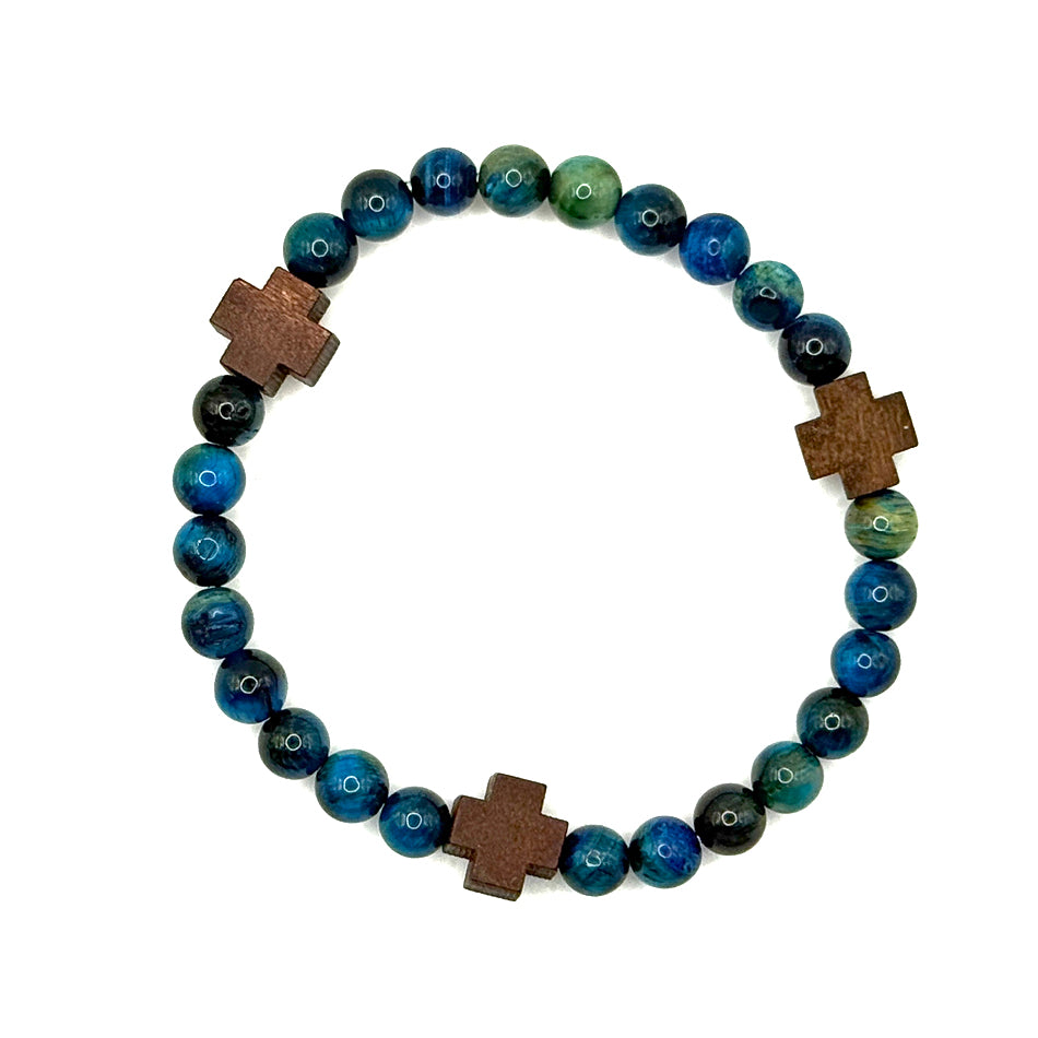 Blue Tiger Eye &amp; Wooden Cross Bracelet