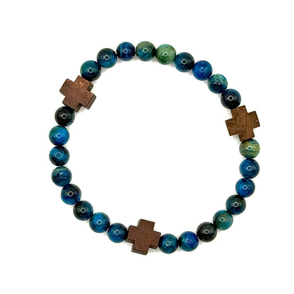 Blue Tiger Eye &amp; Wooden Cross Bracelet