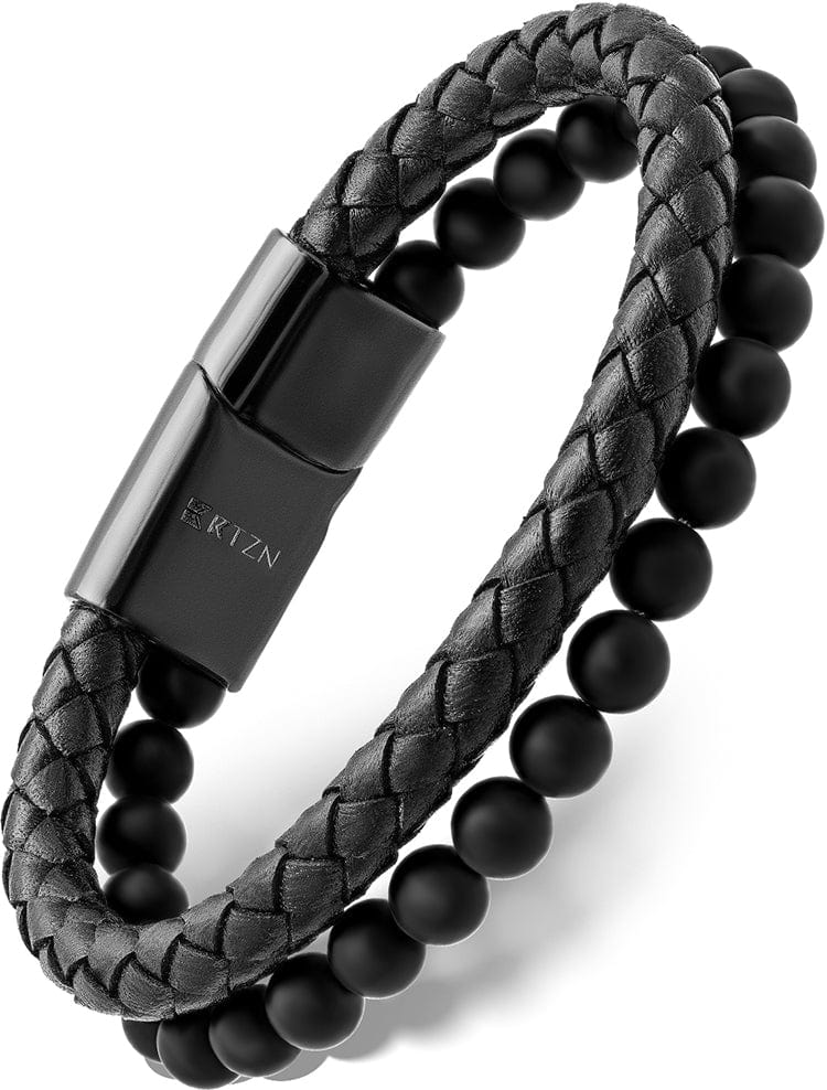 Black Braided Leather &amp; Black Onyx Bead Bracelet