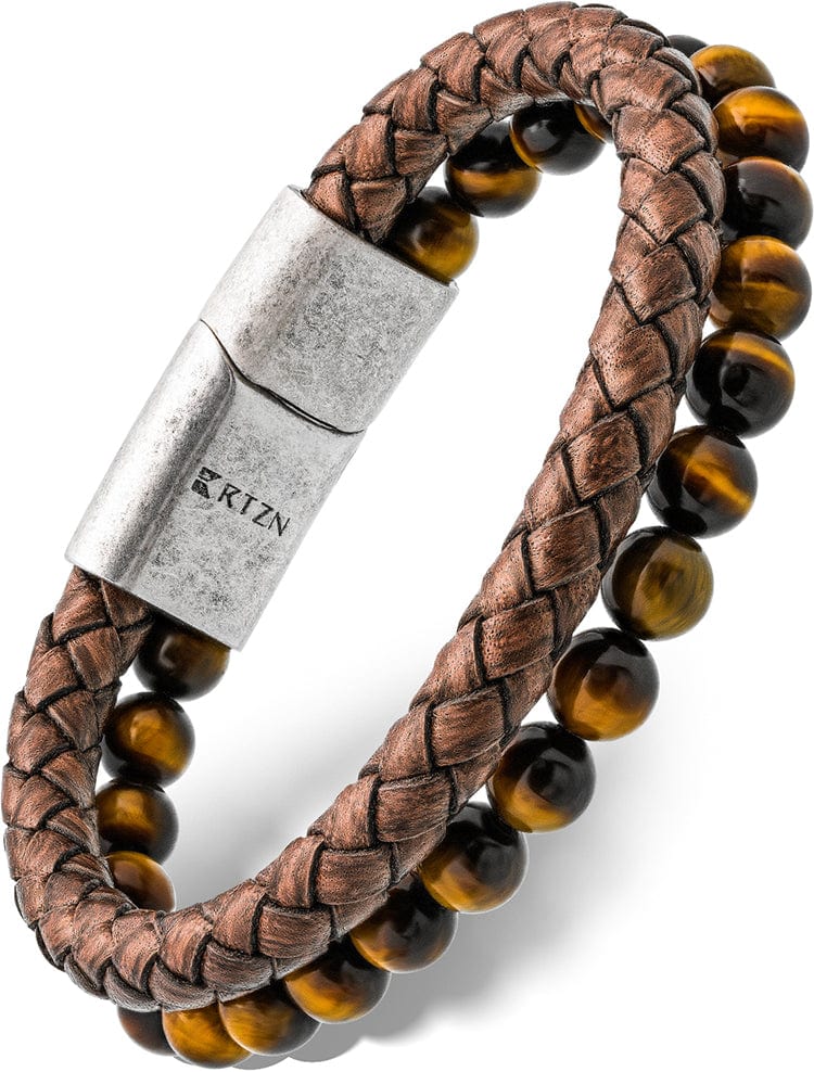 Brown Braided Leather &amp; Tiger Eye Bead Bracelet