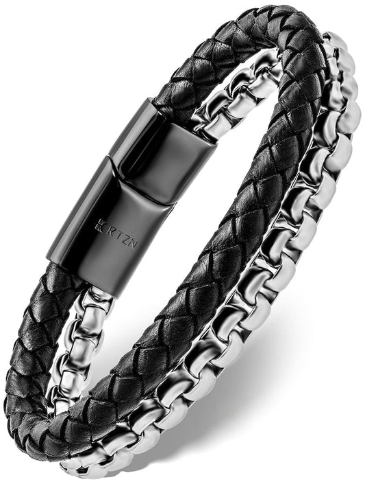 Black Leather & Silver Box Chain Bracelet