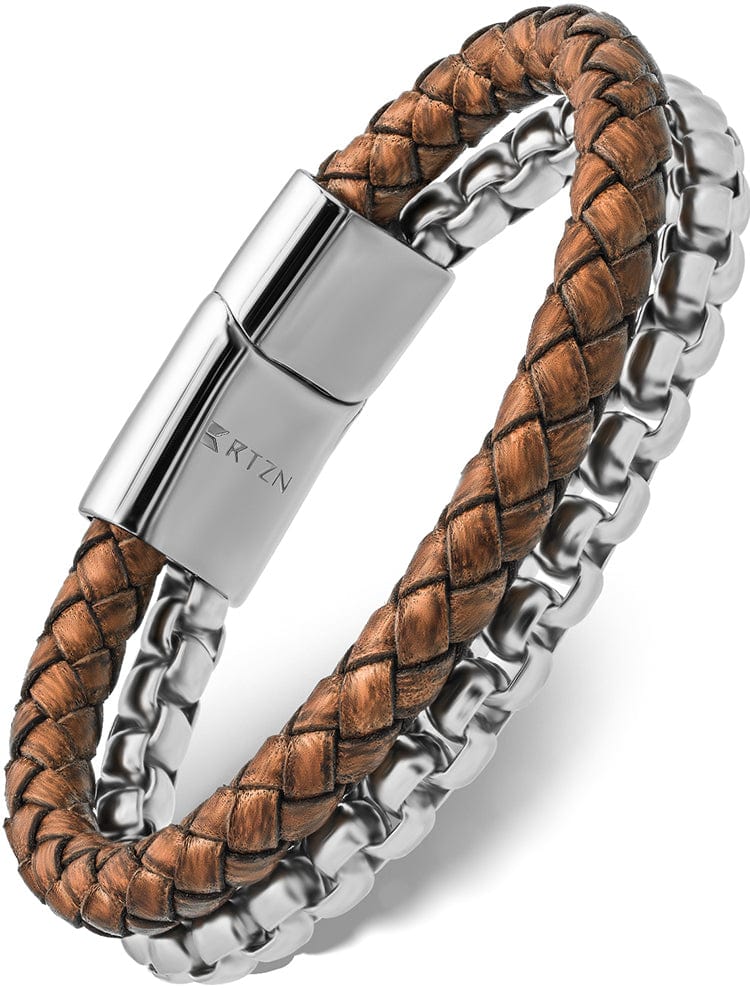 Brown Leather &amp; Silver Box Chain Bracelet