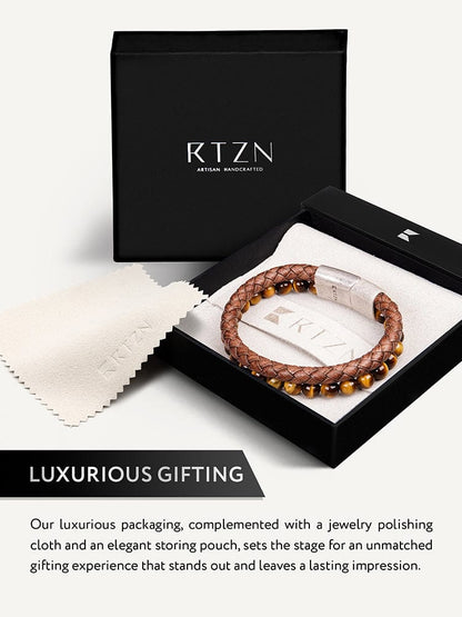 Brown Braided Leather &amp; Tiger Eye Bead Bracelet