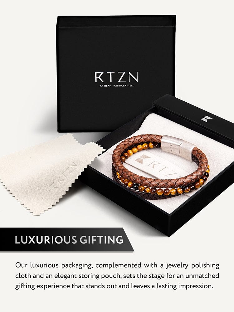 Stacked Brown Leather &amp; Tiger Eye Bead Bracelet