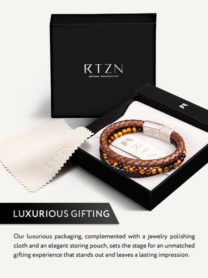Stacked Brown Leather &amp; Tiger Eye Bead Bracelet