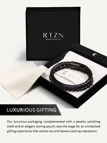 Black Braided Leather &amp; Black Onyx Bead Bracelet