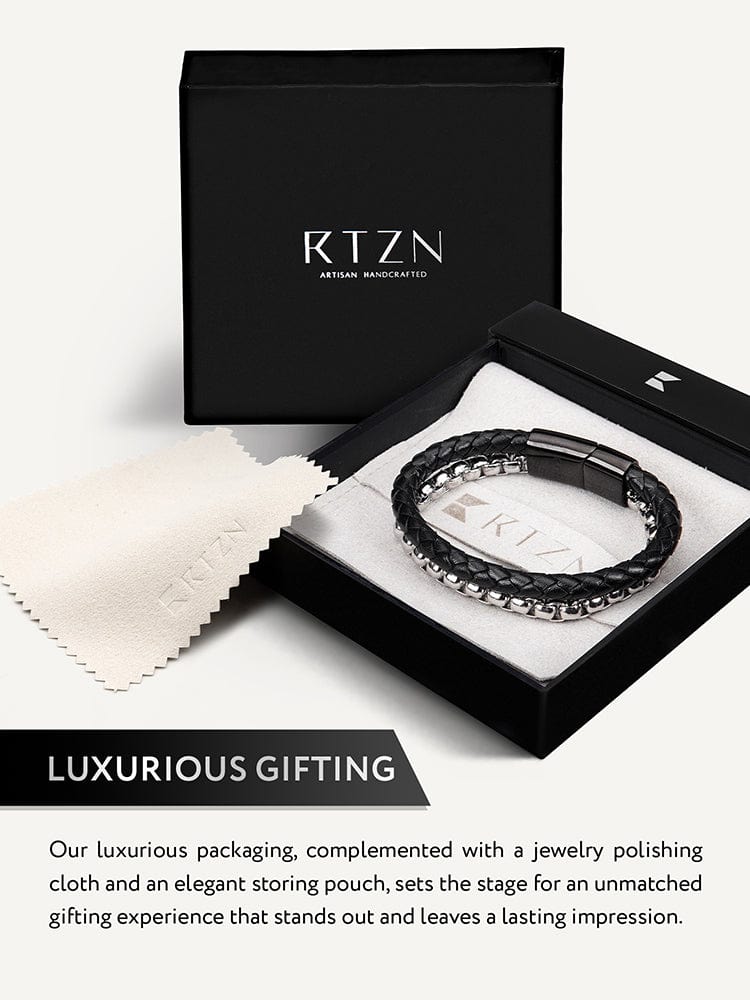 Black Leather &amp; Silver Box Chain Bracelet