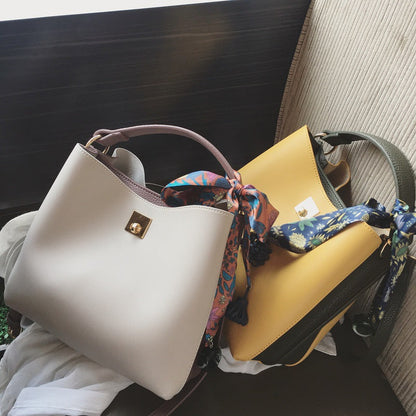 Fashion Casual Hit Color Bucket Bag Simple One-Shoulder Messenger Bag Silk Scarf Handbag (See size chart where applicable)