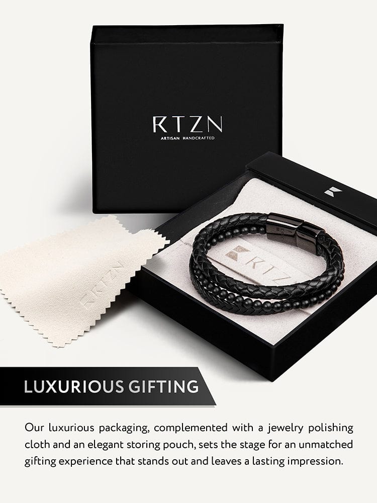 Stacked Black Leather &amp; Black Onyx Bead Bracelet