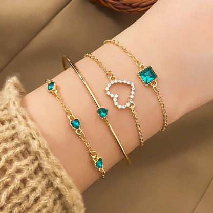 4pcs Rhinestone Alloy Bracelet Set – Minimalist Heart &amp; Square Design