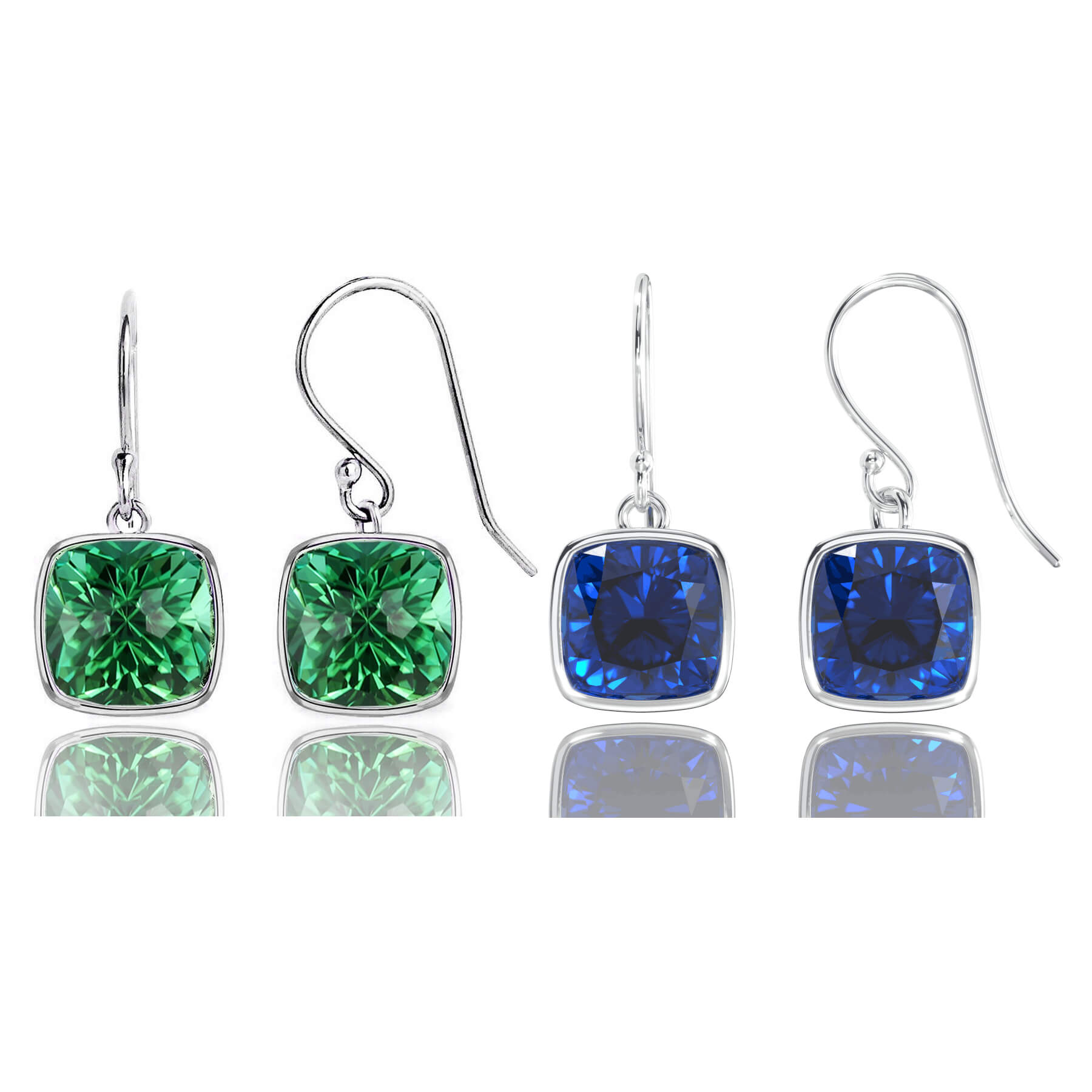 2 Pair Pack: 9.00 CTW Cushion Cut Created Blue Sapphire &amp; Emerald Drop Earrings – Available in .925 Sterling Silver or 14kt Yellow Gold Over .925 – 8mm Square Gems