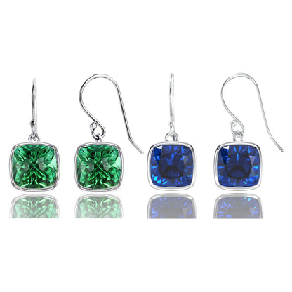 2 Pair Pack: 9.00 CTW Cushion Cut Created Blue Sapphire &amp; Emerald Drop Earrings – Available in .925 Sterling Silver or 14kt Yellow Gold Over .925 – 8mm Square Gems