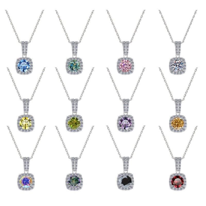S925 Colorful Moissanite Pendant Necklace with Pavé-Set Halo &amp; Hoop, 1ct D-Grade VVS1 Moissanite in 12 Dazzling Colors with GAR Certification, Sterling Silver Necklace