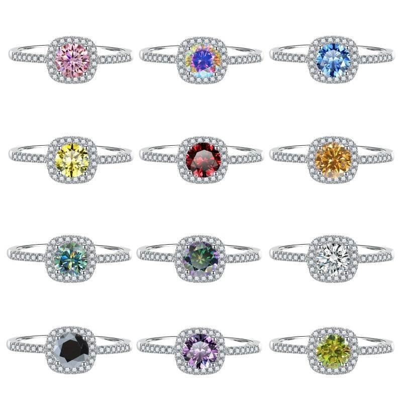S925 Multicolor Moissanite Cushion Halo Adjustable Rings with Pavé-Set Band &amp; Square Accents, 0.5ct-2ct D-Grade VVS Certificate, 12 Vibrant Colors, Sterling Silver Jewelry