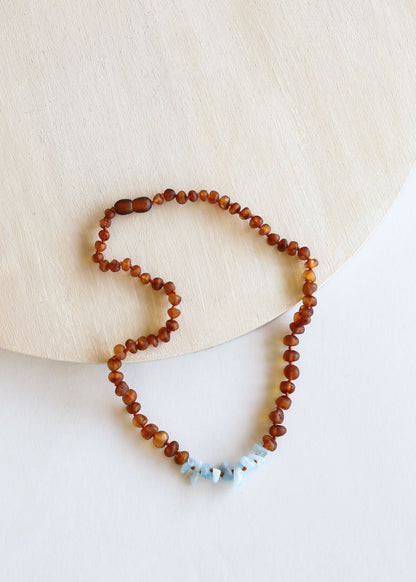 Raw Cognac Baltic Amber + Aquamarine || Necklace