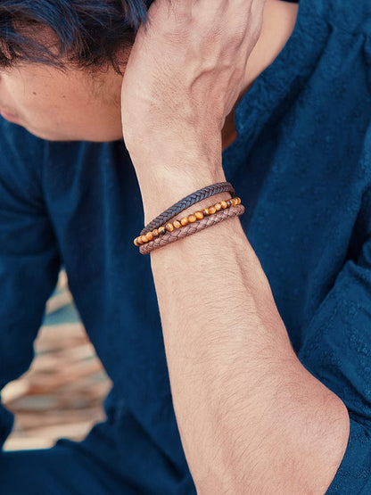 Stacked Brown Leather &amp; Tiger Eye Bead Bracelet