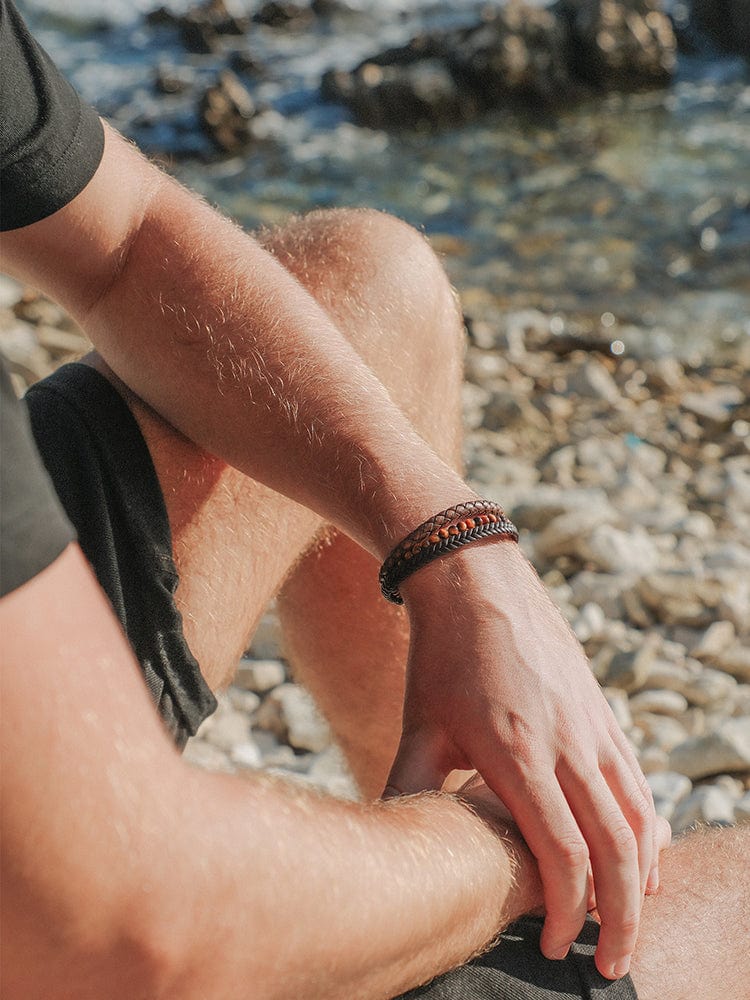 Stacked Brown Leather &amp; Tiger Eye Bead Bracelet