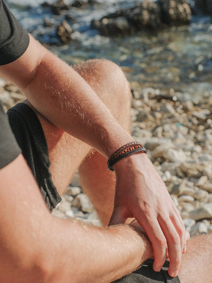 Stacked Brown Leather &amp; Tiger Eye Bead Bracelet
