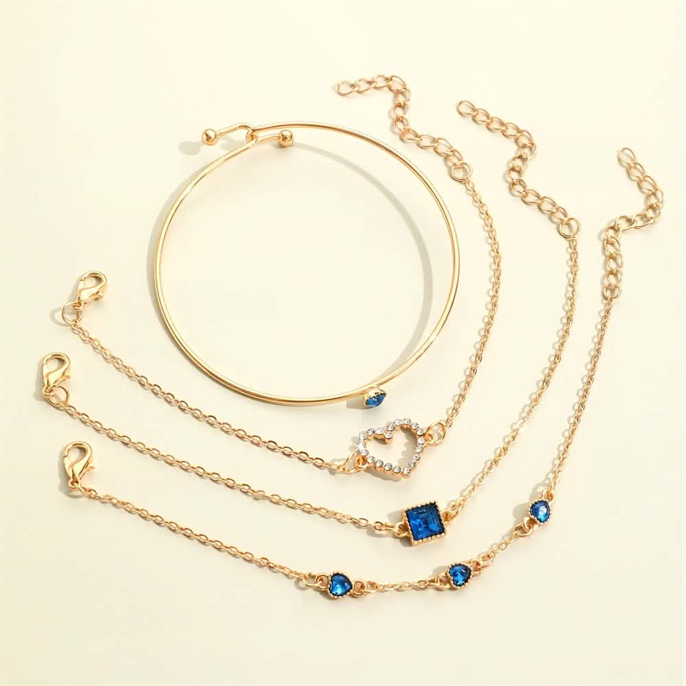 4pcs Rhinestone Alloy Bracelet Set – Minimalist Heart &amp; Square Design