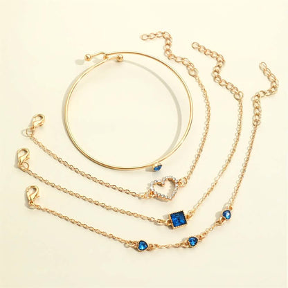 4pcs Rhinestone Alloy Bracelet Set – Minimalist Heart &amp; Square Design
