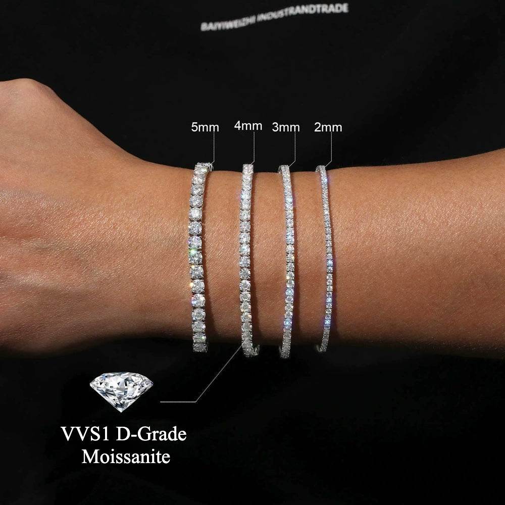 VVS1 Moissanite S925 &amp; 14K Tennis Chain Iced Out Necklace and Bracelet, 6–26 Inch, 2–6.5mm Round Cut D-Grade Certified Moissanite, Sterling Silver White Gold Plated, Hypoallergenic Hip Hop Jewelry