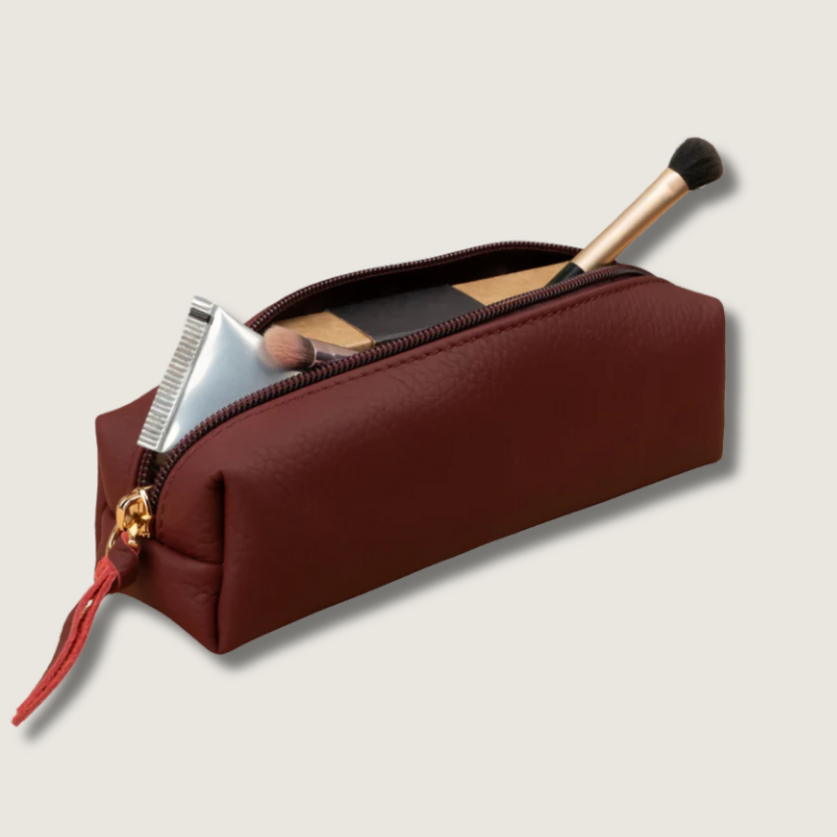 Elegant Leather Makeup Bag - Burgundy - Aurora