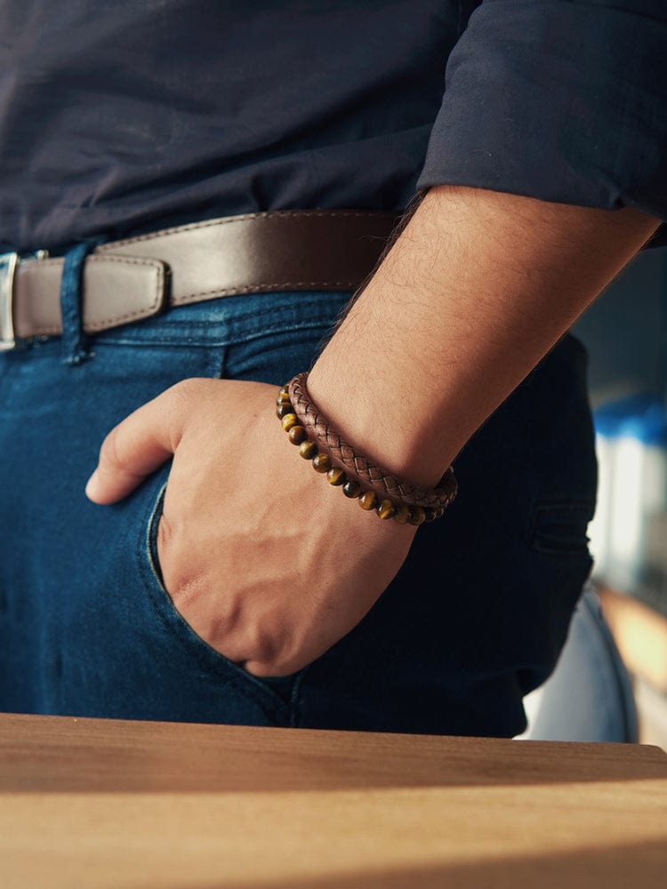 Brown Braided Leather &amp; Tiger Eye Bead Bracelet