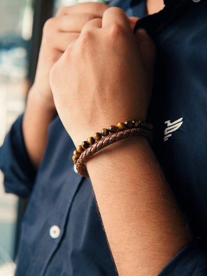 Brown Braided Leather &amp; Tiger Eye Bead Bracelet
