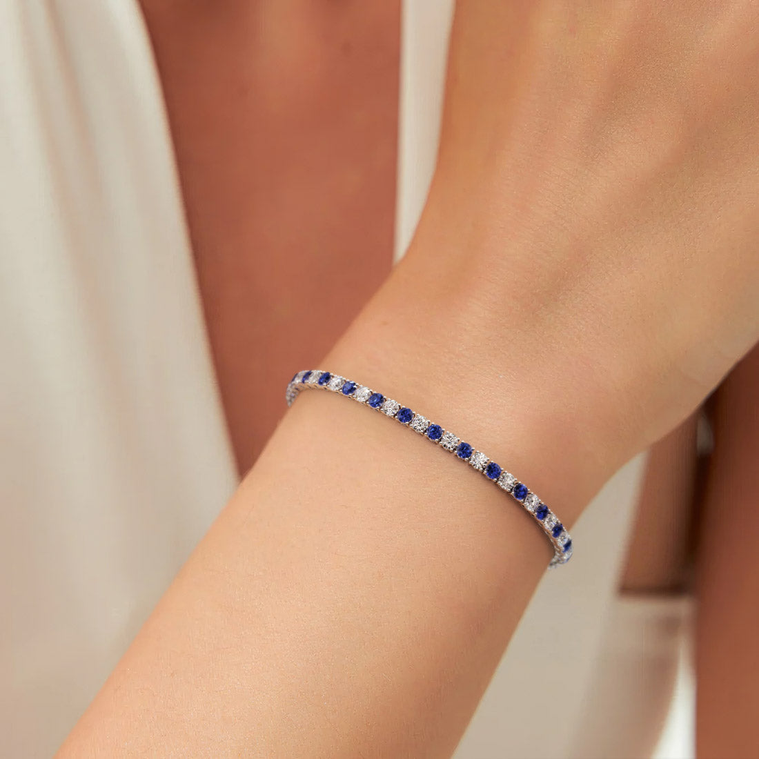 7.50 CTW AGI Certified Lab Created Blue Sapphire &amp; Diamond Tennis Bracelet in 14K White Gold Overlay
