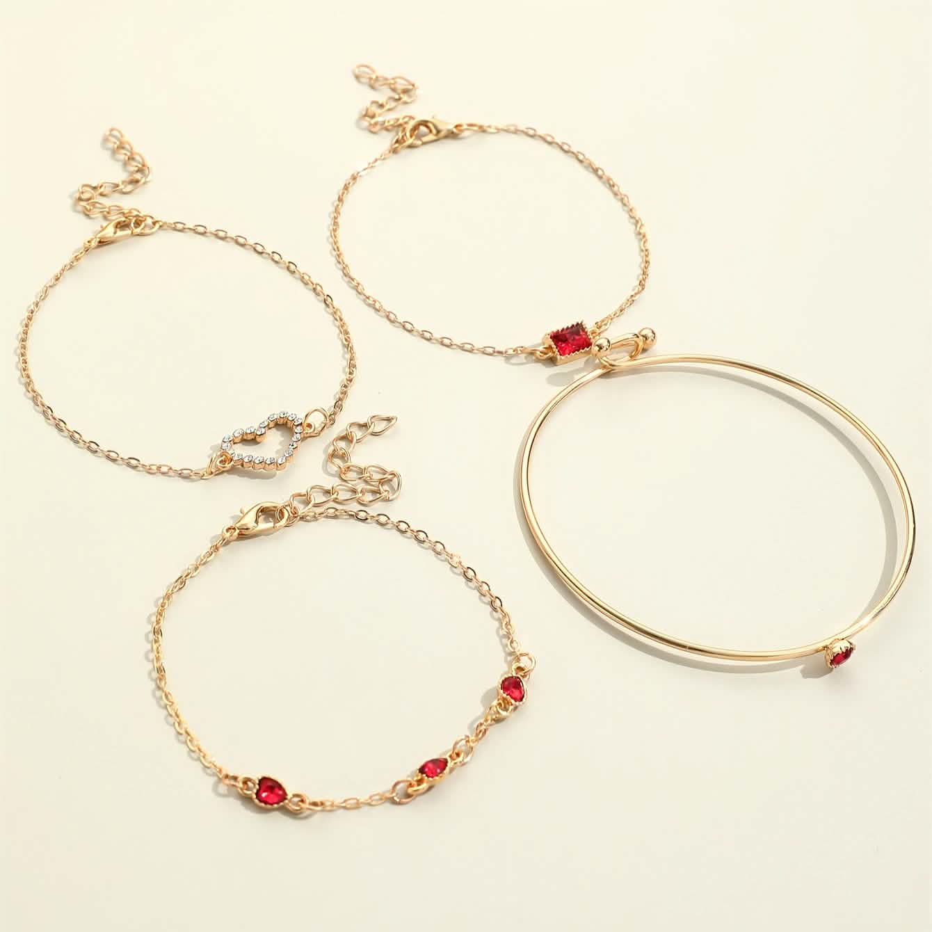 4pcs Rhinestone Alloy Bracelet Set – Minimalist Heart &amp; Square Design