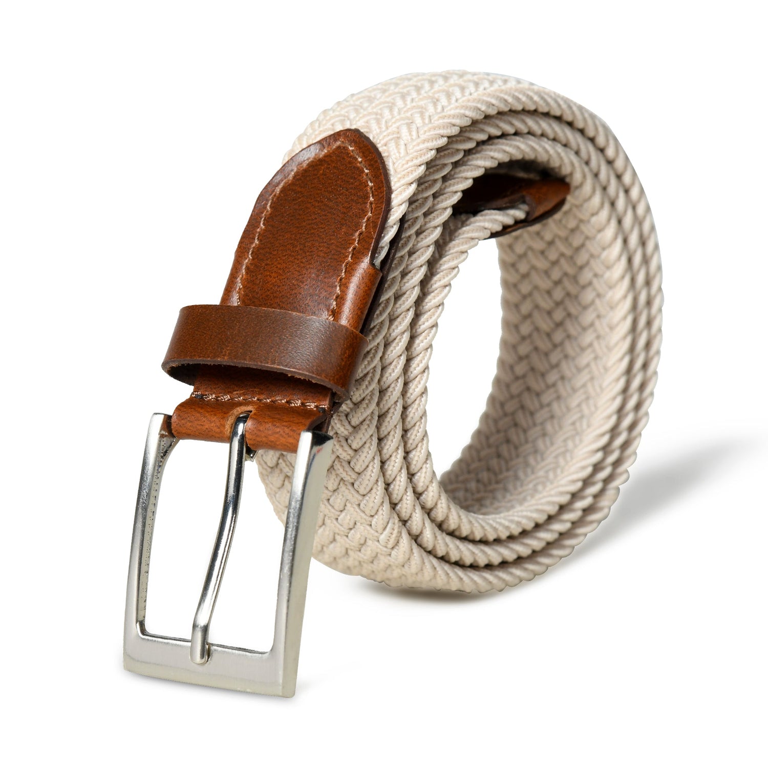 Cream &amp; Brown Braided Canvas Leather Belt