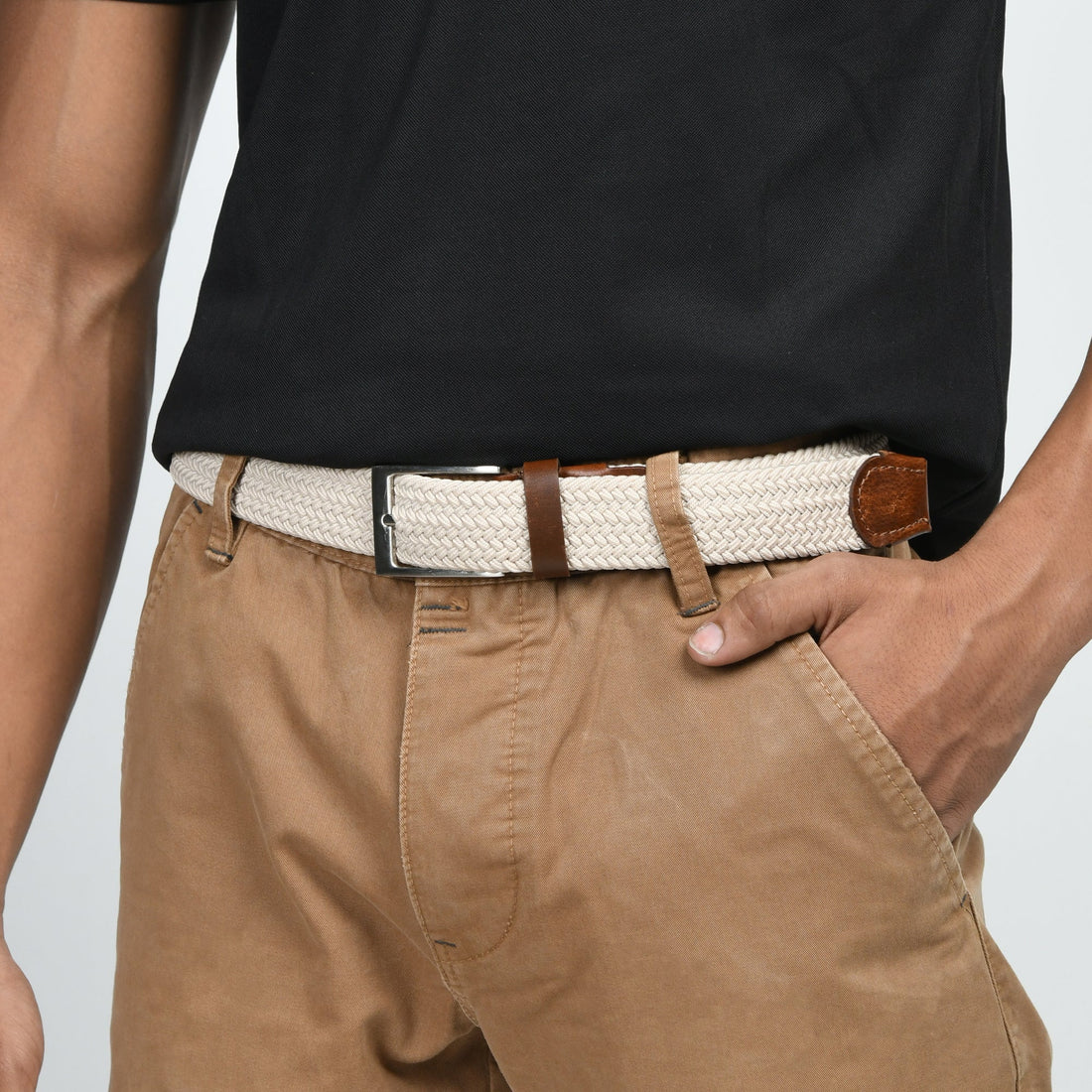 Cream &amp; Brown Braided Canvas Leather Belt